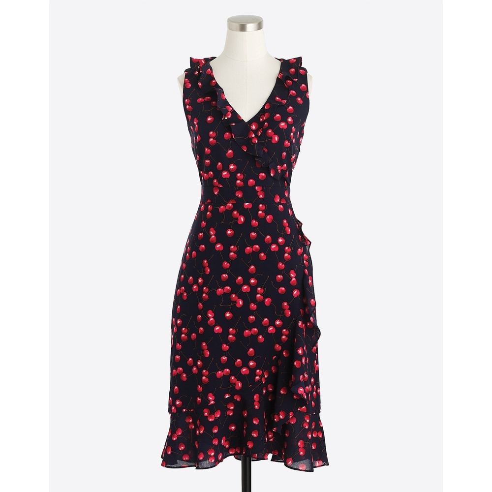 J.Crew Navy Blue Cherry Print Ruffle Wrap Midi Dress H0656 Size 00 Retro Summer